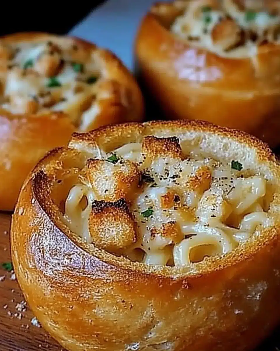Spaghetti garlic bread bowls with fresh herbs and cheese on a wooden table