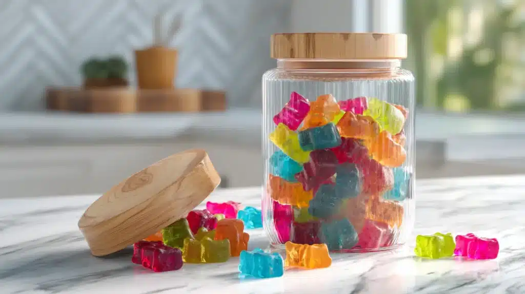 Homemade healthy gummies stored in airtight glass jar on kitchen counter for freshness