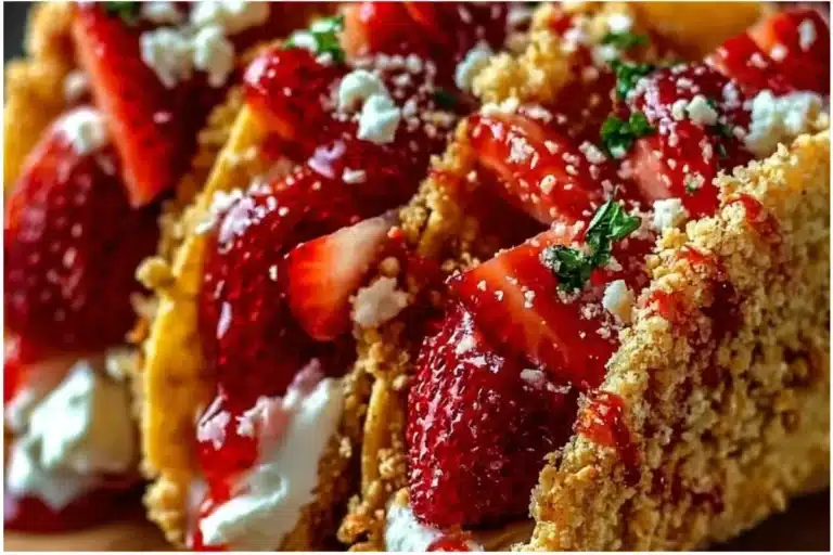 Strawberry crunch cheesecake tacos topped with whipped cream and strawberries.