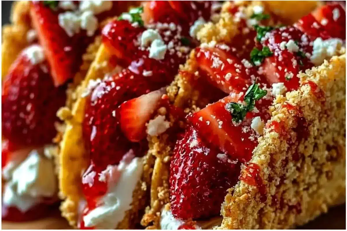 Strawberry crunch cheesecake tacos topped with whipped cream and strawberries.
