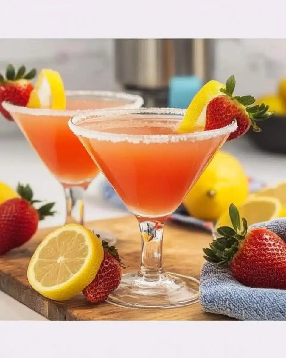 Strawberry Lemon Drop Martini garnished with fresh strawberries and lemon slices