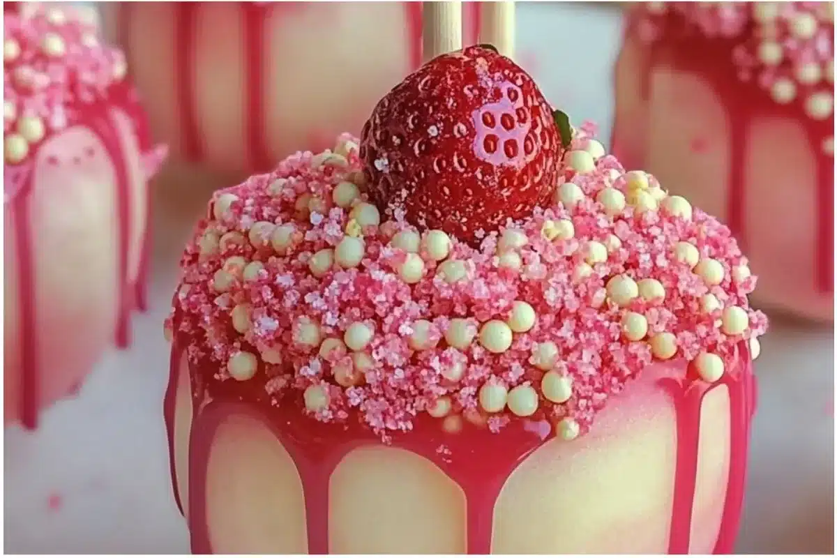 Strawberry shortcake candy apples decorated with fresh strawberries and whipped cream
