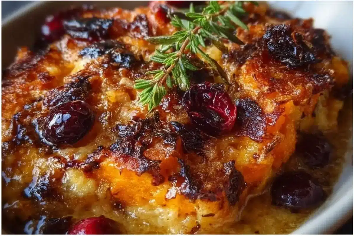 Delicious Sweet Potato & Cranberry Gratin baked to perfection