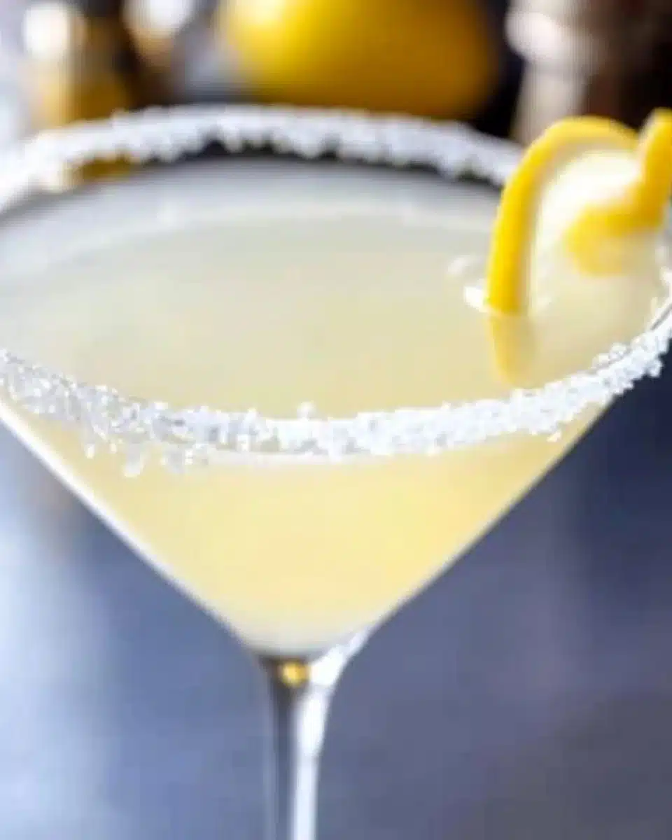 A refreshing lemon drop martini garnished with lemon slices and sugar rim