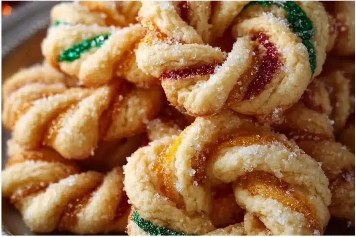 Delicious and festive twisted Christmas cookies decorated for the holidays