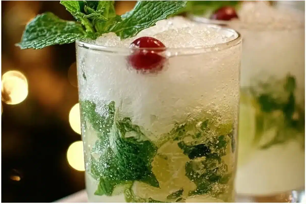 Refreshing White Christmas Mojitos with mint and cranberries for festive occasions.