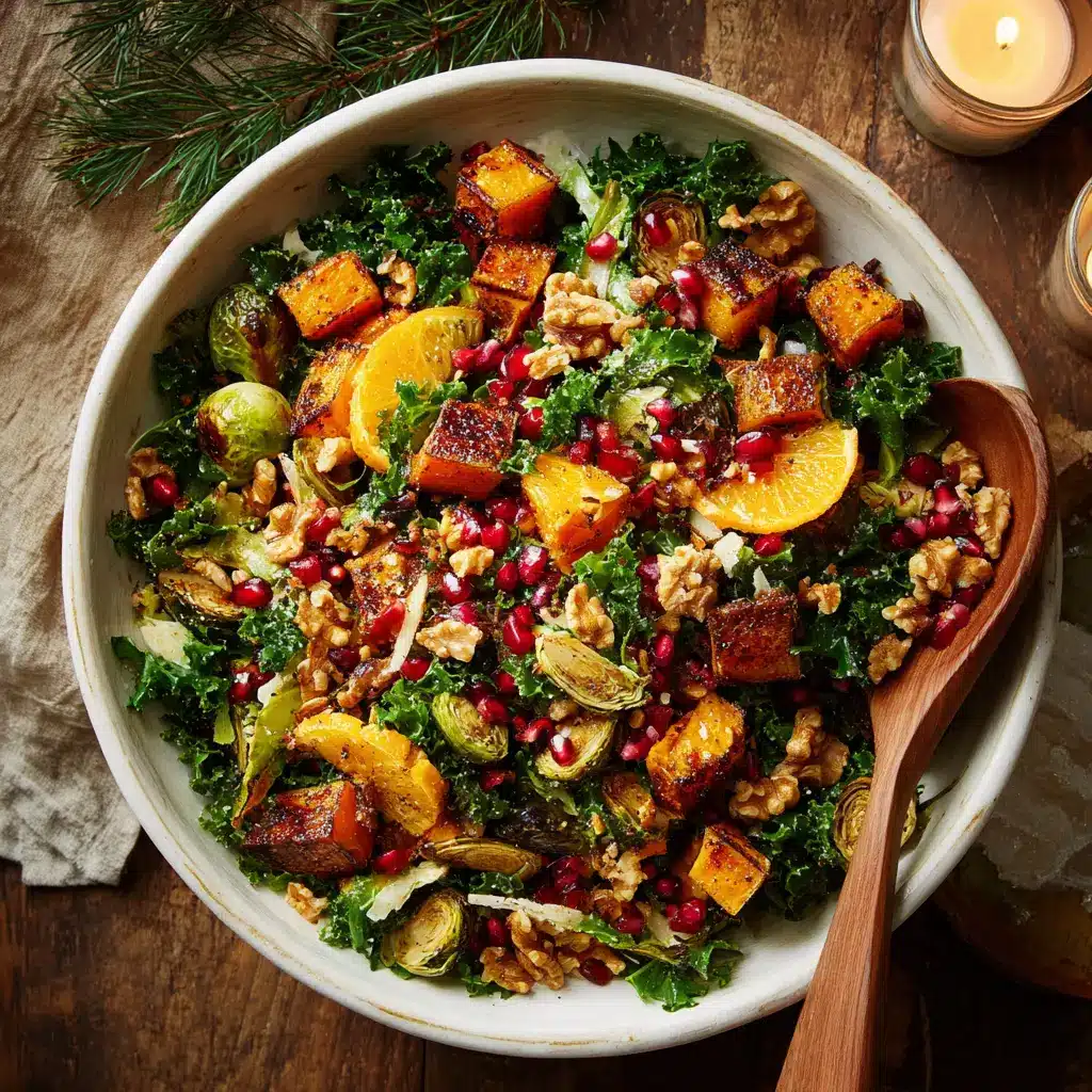 Colorful winter salad with seasonal ingredients like kale, pomegranate, and citrus.