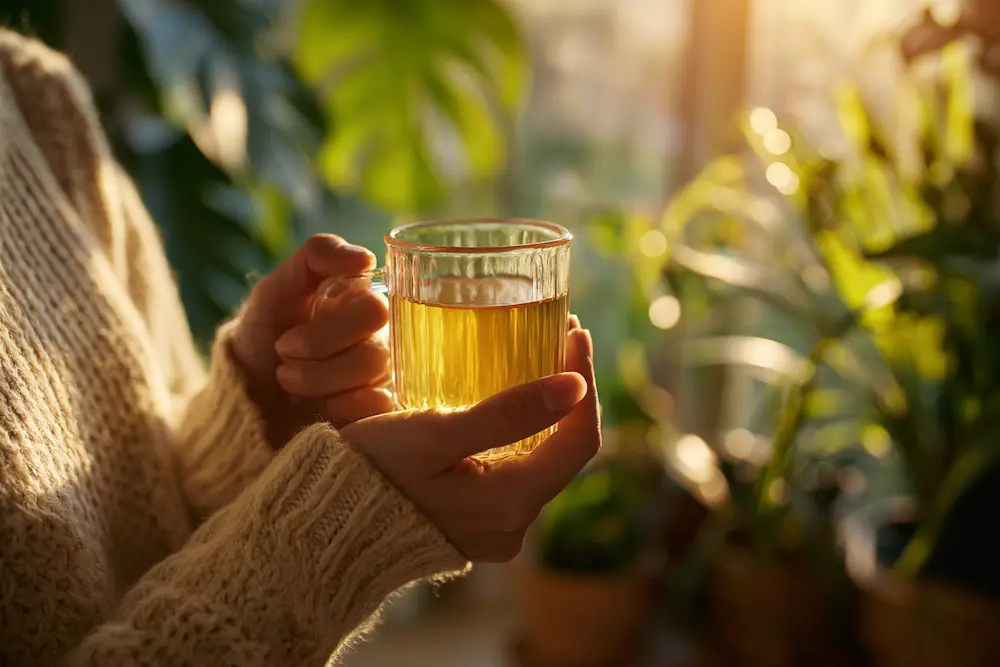 Woman holding warm pepper trick tonic mug in morning sunlight natural wellness lifestyle photography