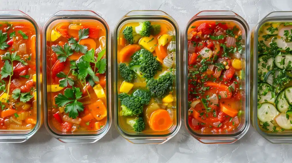 7 day vegetable soup diet meal prep in glass containers for weekly weight loss plan