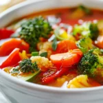 7 day vegetable soup diet recipe for weight loss in white bowl with colorful vegetables