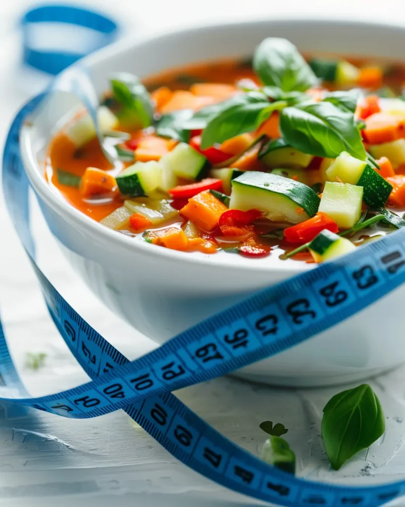 7 day vegetable soup diet weight loss concept with measuring tape around bowl of healthy soup