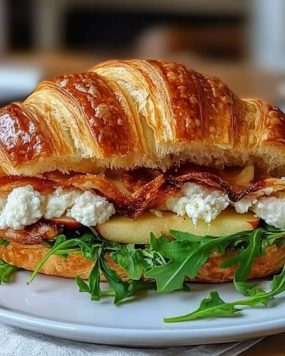 Apple and Goat Cheese Croissant Sandwich on a white plate