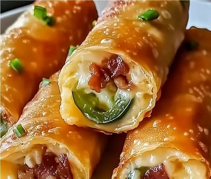 Crispy Bacon Jalapeño Popper Eggrolls served with a dipping sauce.
