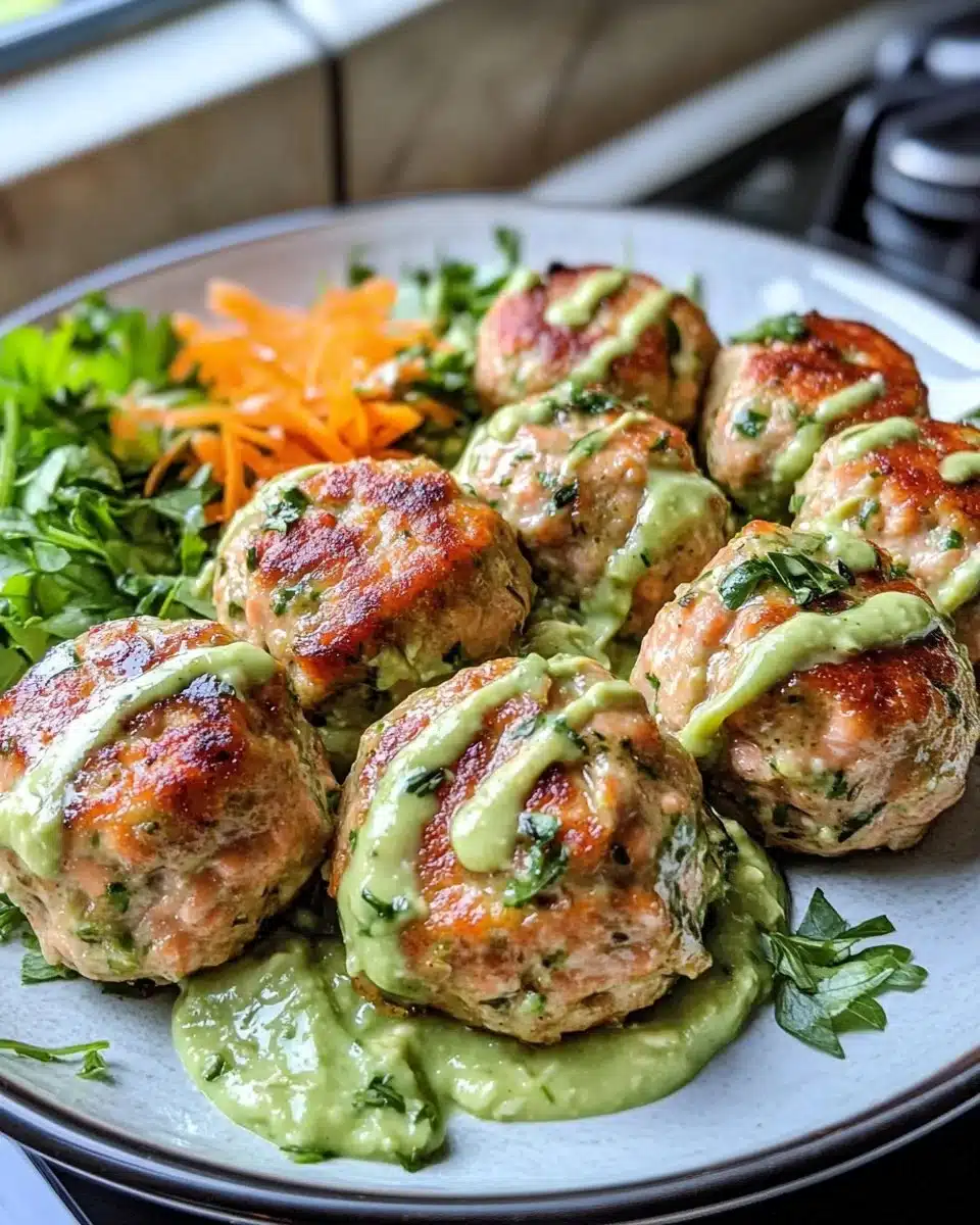 Baked salmon meatballs served with creamy avocado sauce on a plate.