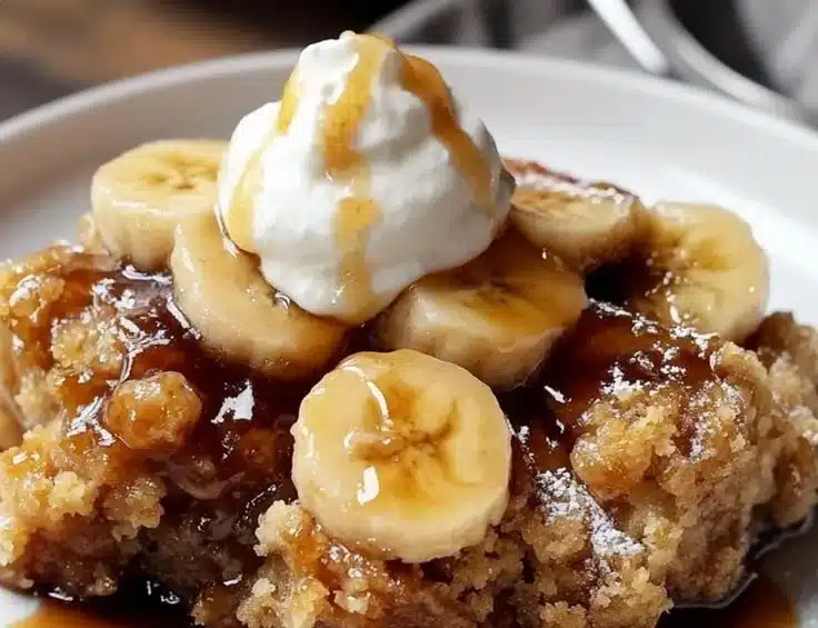 Delicious Bananas Foster Cobbler topped with caramelized bananas and ice cream