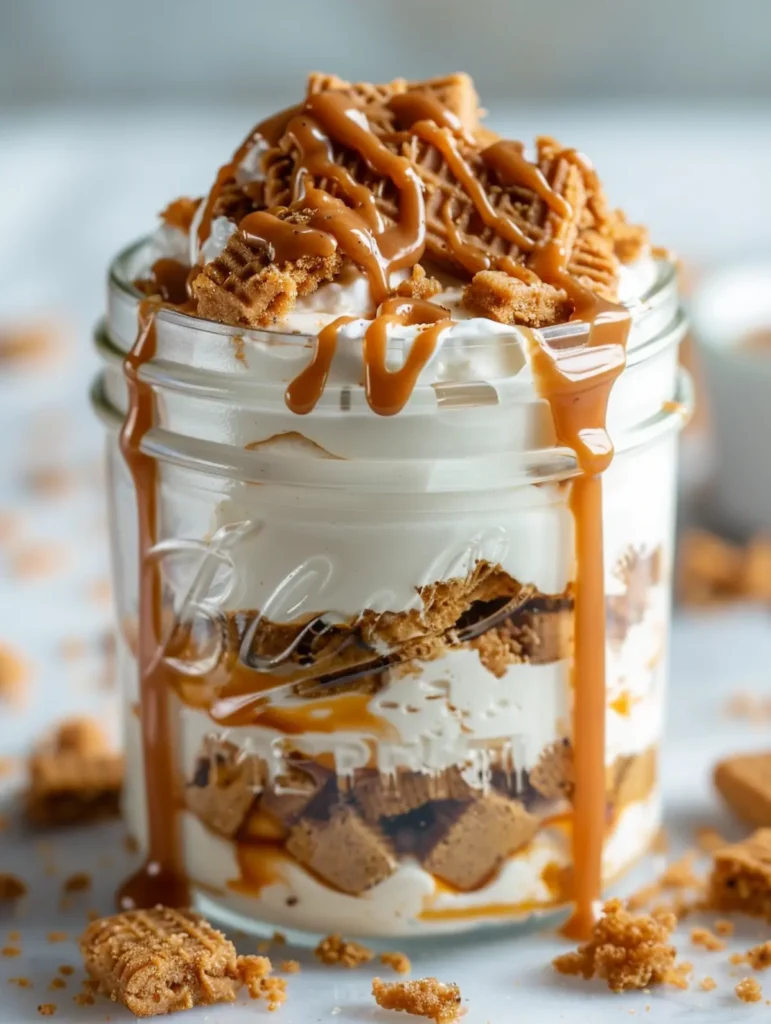Biscoff yogurt cheesecake variation topped with crushed cookies and cookie butter drizzle