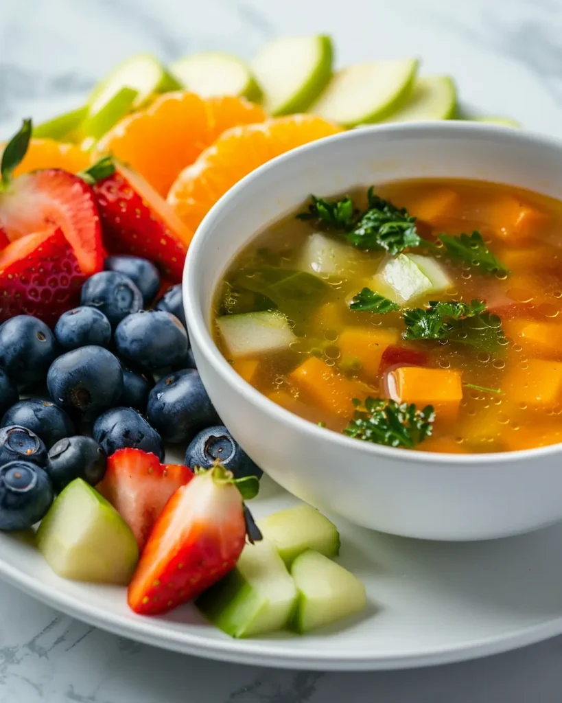 Cabbage soup diet day 1 meal with fresh fruits including berries, apples, and oranges beside soup bowl