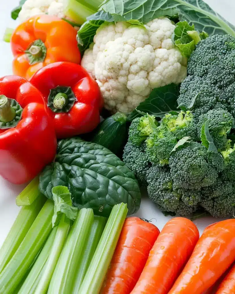 Fresh vegetables for cabbage soup diet recipe including cabbage, carrots, peppers, and tomatoes