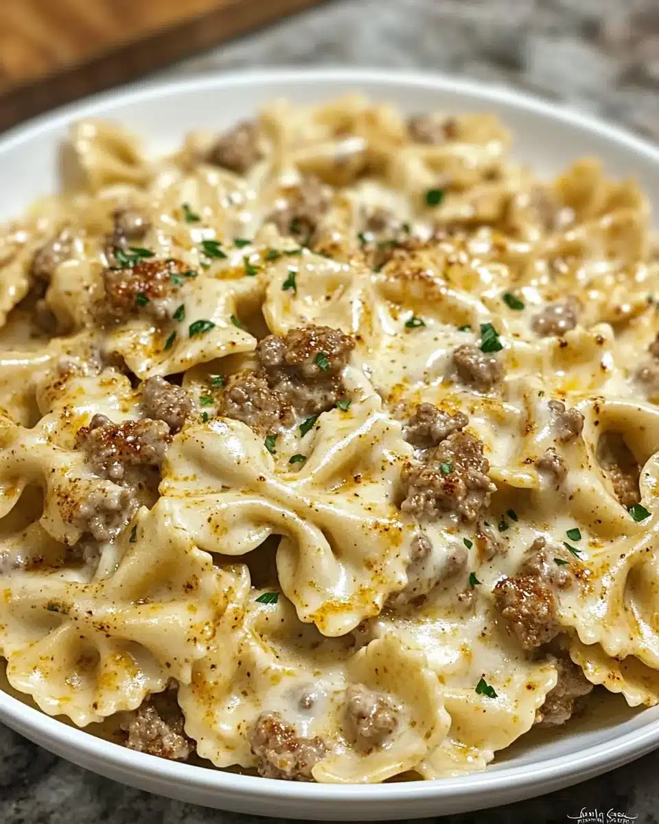 Cajun Cream Cheese Alfredo Bowties with Spiced Ground Beef served in a bowl