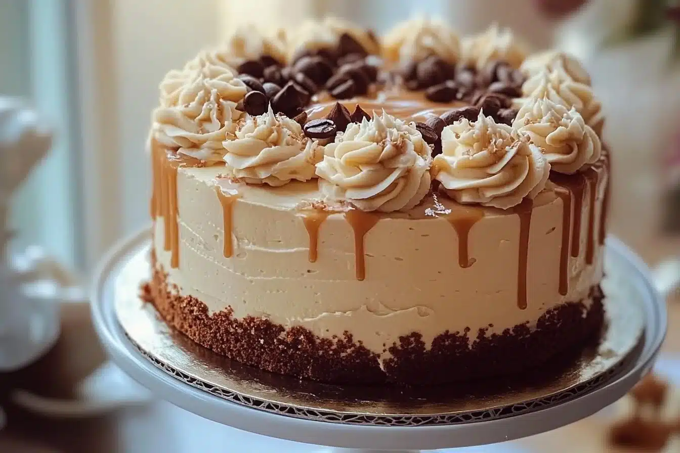 Slice of Caramel Coffee Buttercream Cake topped with caramel drizzle and coffee beans.