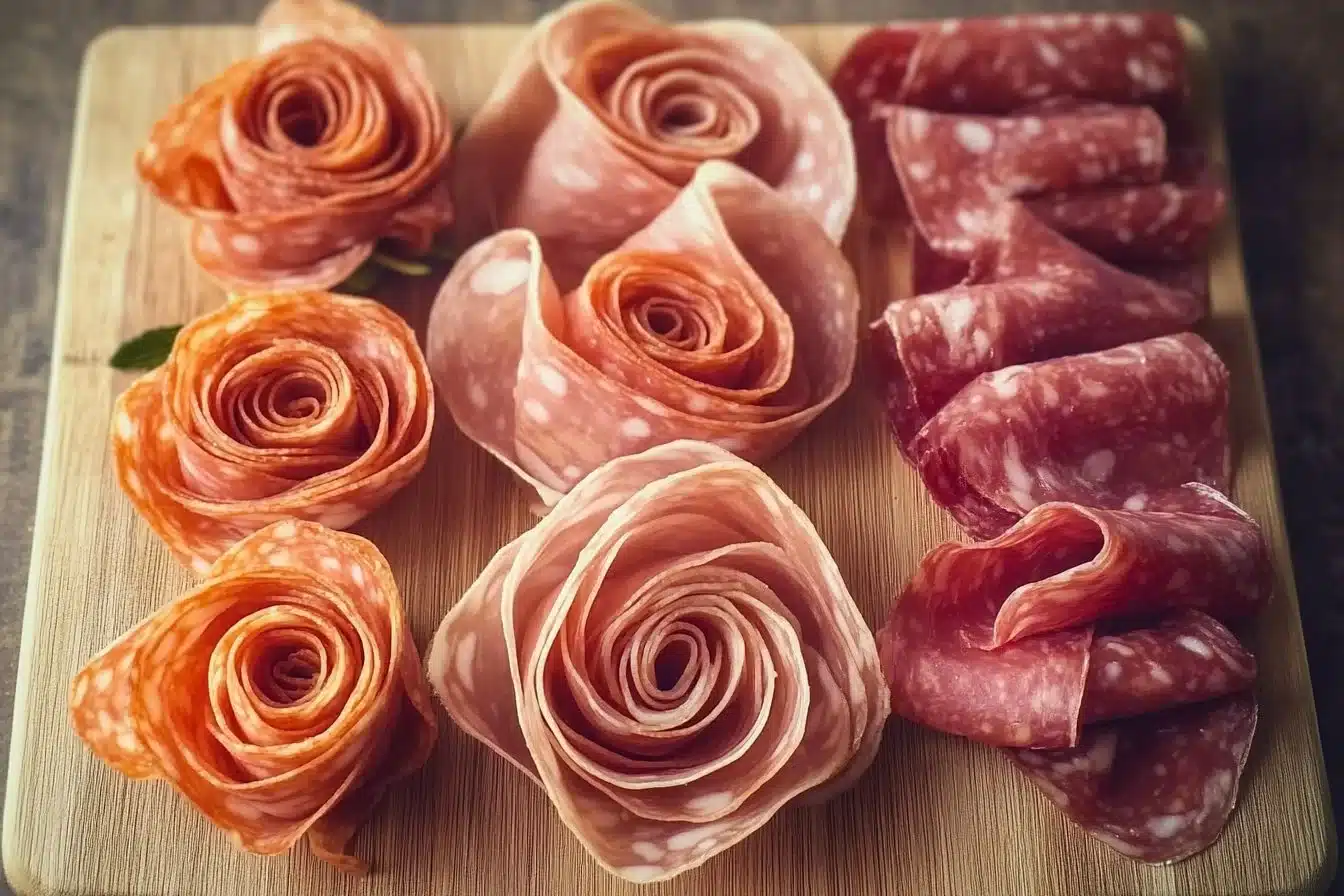 Beautifully arranged charcuterie roses made of meat and cheese