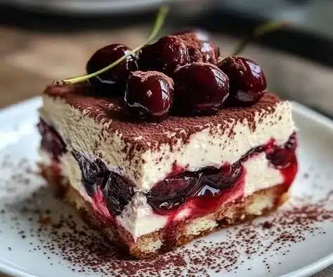 Delicious Cherry Amaretto Tiramisu dessert with cherry topping.