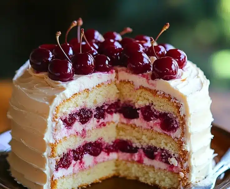 Delicious cherry layer cake with cherry cream cheese frosting