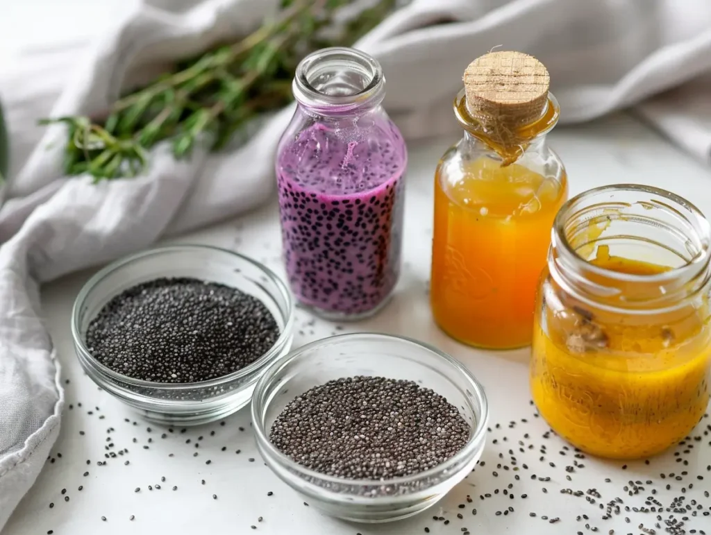 chia-jello-recipe-ingredients-setup Chia jello recipe ingredients on kitchen counter with chia seeds and juice
