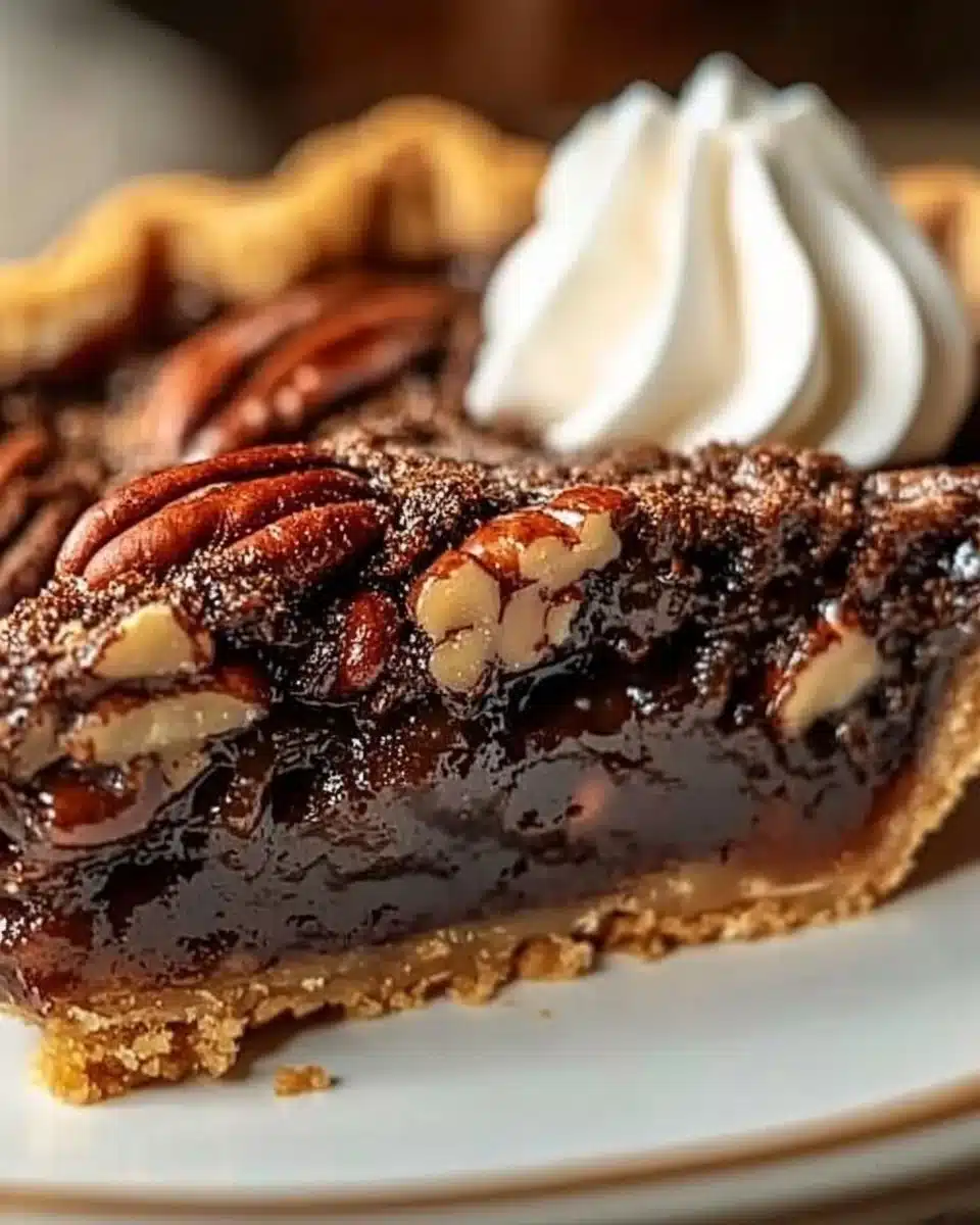 Delicious Chocolate Bourbon Pecan Pie topped with pecans and chocolate drizzle