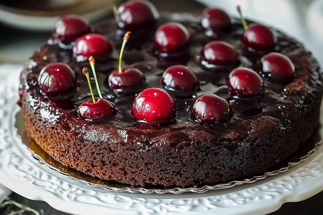 Delicious Chocolate Cherry Upside Down Cake with glossy cherry topping