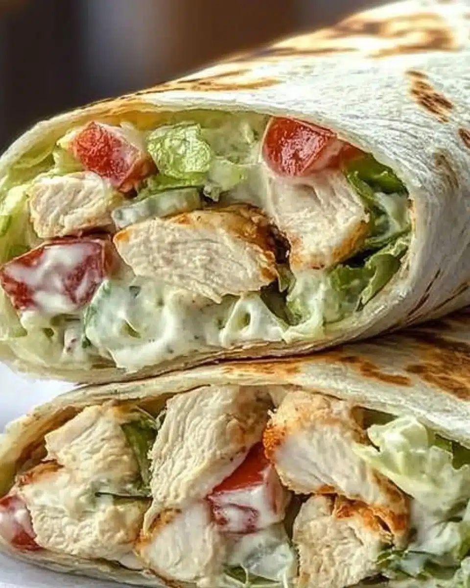 Chopped Chicken Caesar Salad Wrap with romaine, chicken, and Caesar dressing