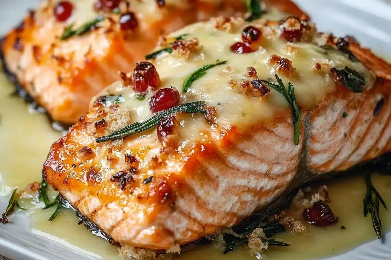 Delicious Christmas baked salmon served with festive garnish.