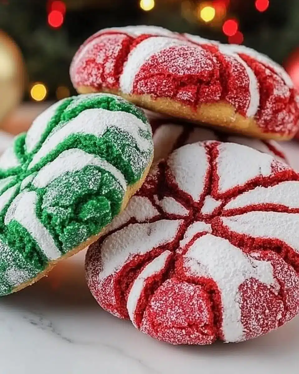Delicious red and green Christmas crinkle cookies fresh out of the oven.