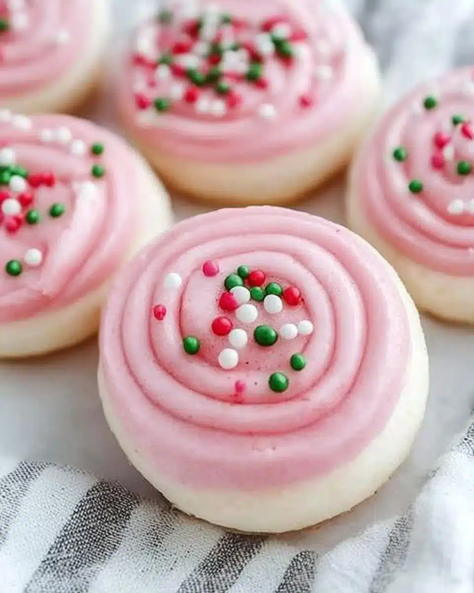 Delicious Christmas pink velvet cookies topped with cream cheese frosting.