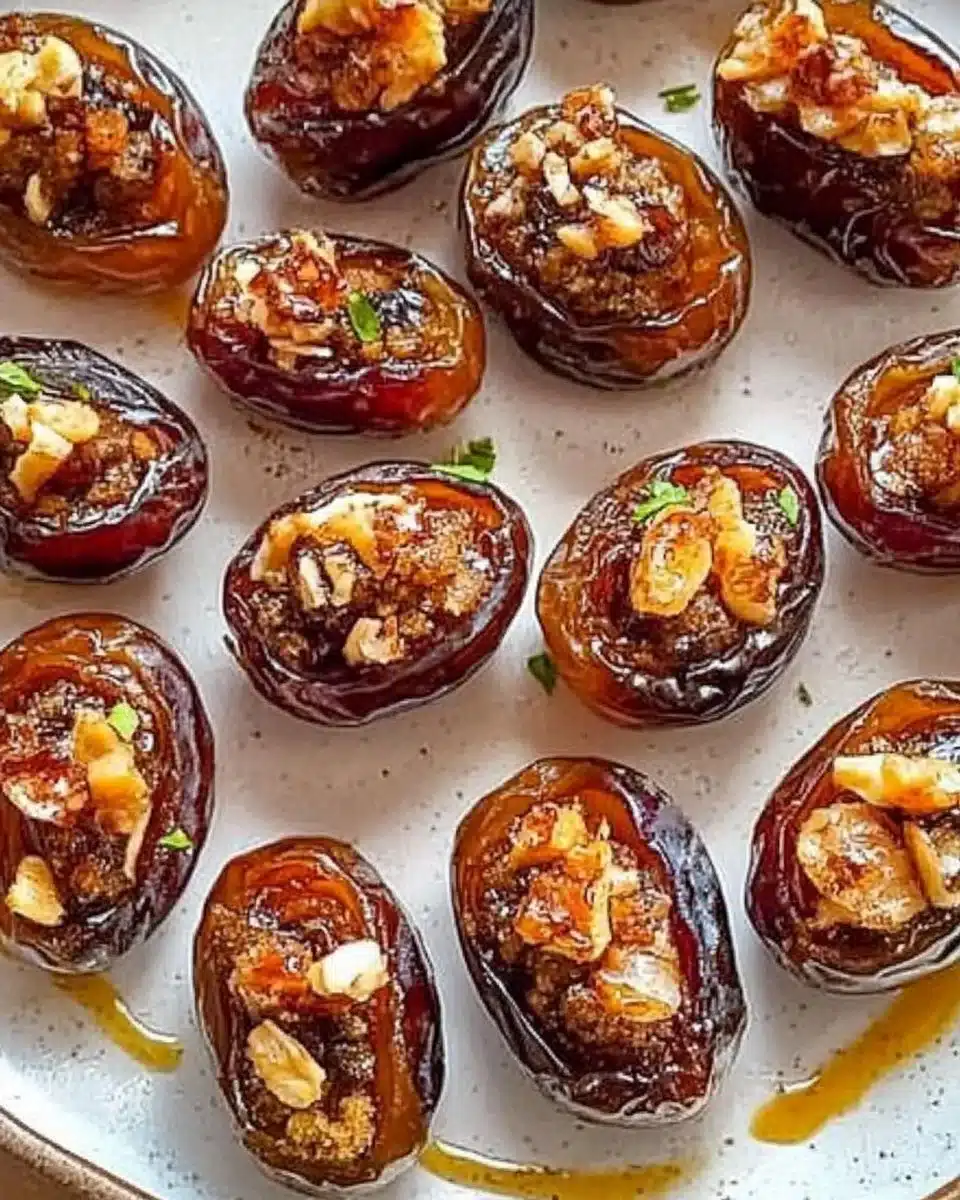 Christmas roasted stuffed dates filled with nuts and wrapped in bacon.