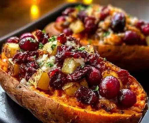 Cranberry apple twice-baked sweet potatoes ready to serve on a plate