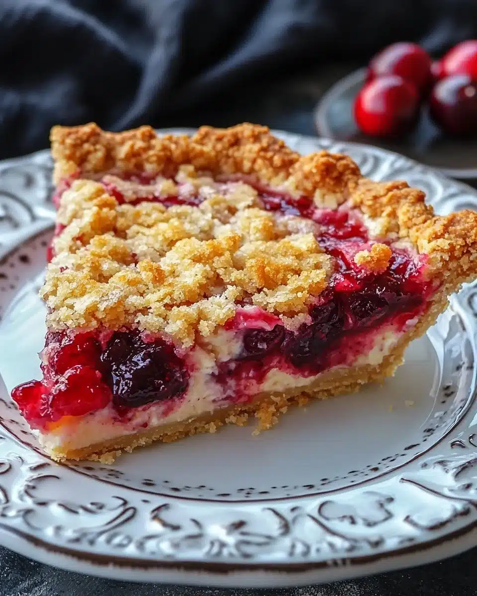 Slice of Cranberry Cream Cheese Crumb Pie with fresh cranberries