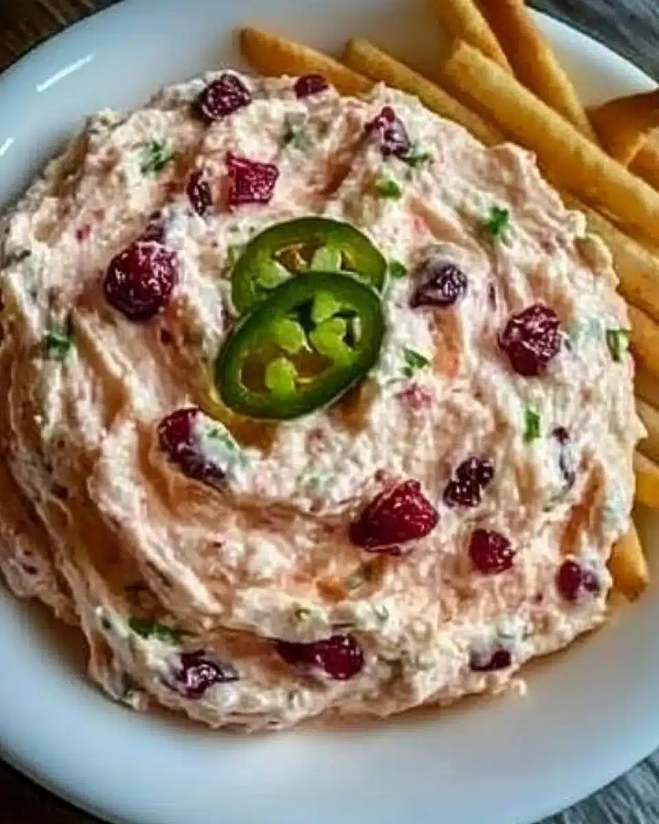 Delicious Cranberry Jalapeño Cream Cheese Dip served with crackers.
