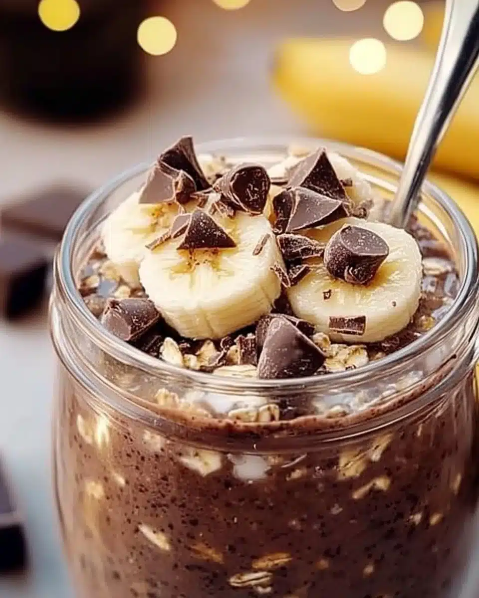 Creamy chocolate banana overnight oats in a jar with toppings