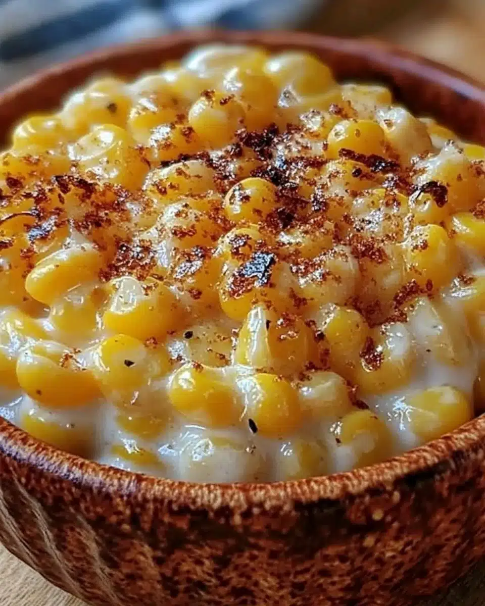 Delicious creamy corn dish served in a bowl with fresh herbs