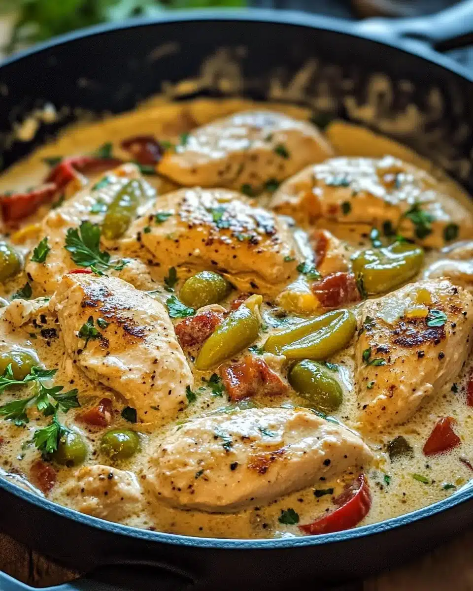 Creamy Pepperoncini Chicken Skillet served on a plate with fresh herbs