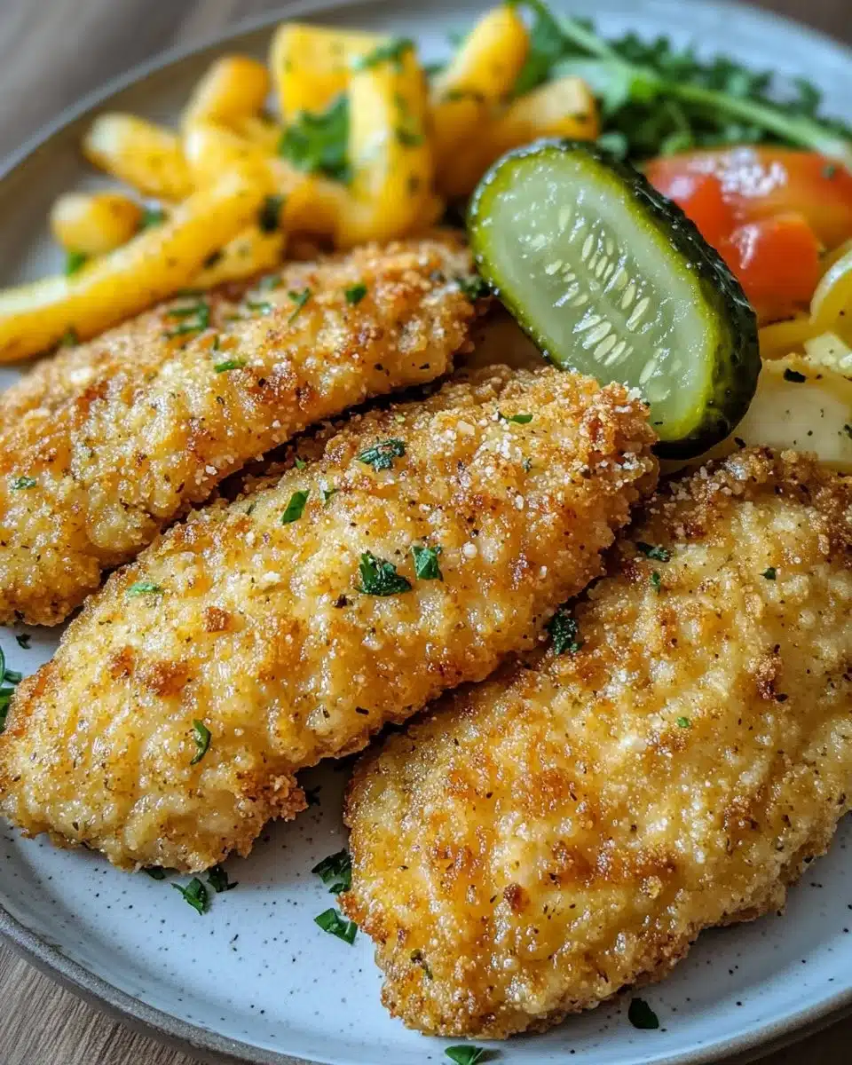 Crispy Dill Pickle Parmesan Chicken served with side dishes