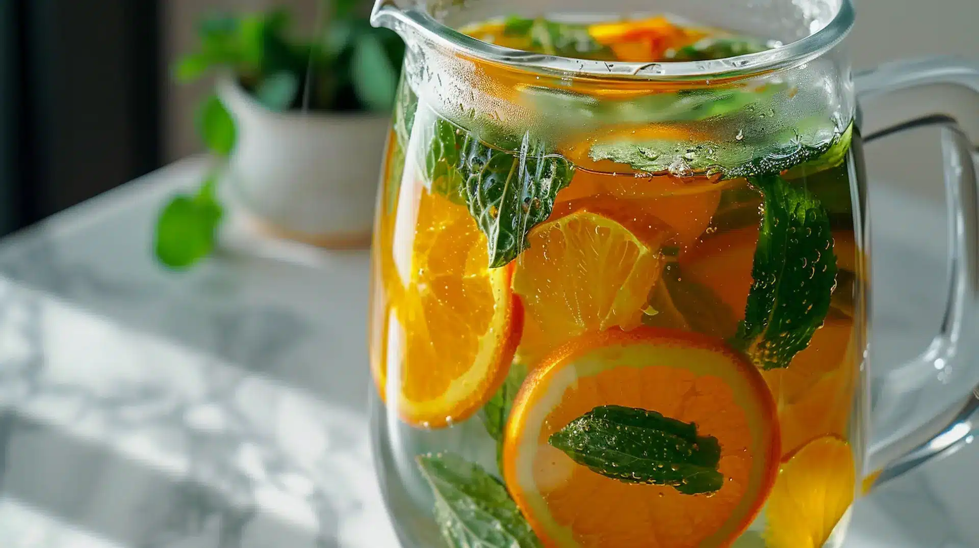 refreshing tangerine weight orade green tea metabolism booster drink in glass pitcher