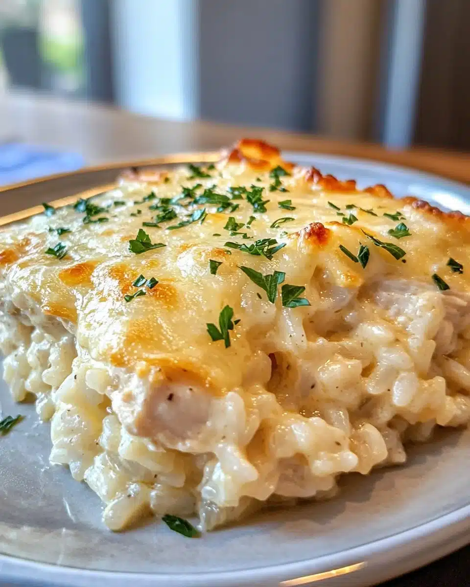 Creamy Chicken Alfredo Rice Casserole ready to serve in a baking dish