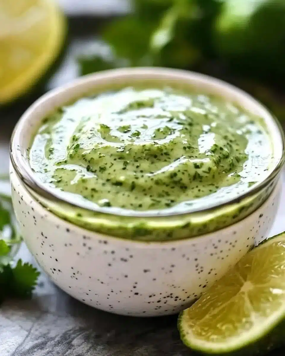 Creamy cilantro garlic sauce with jalapeños and limes served in a bowl.