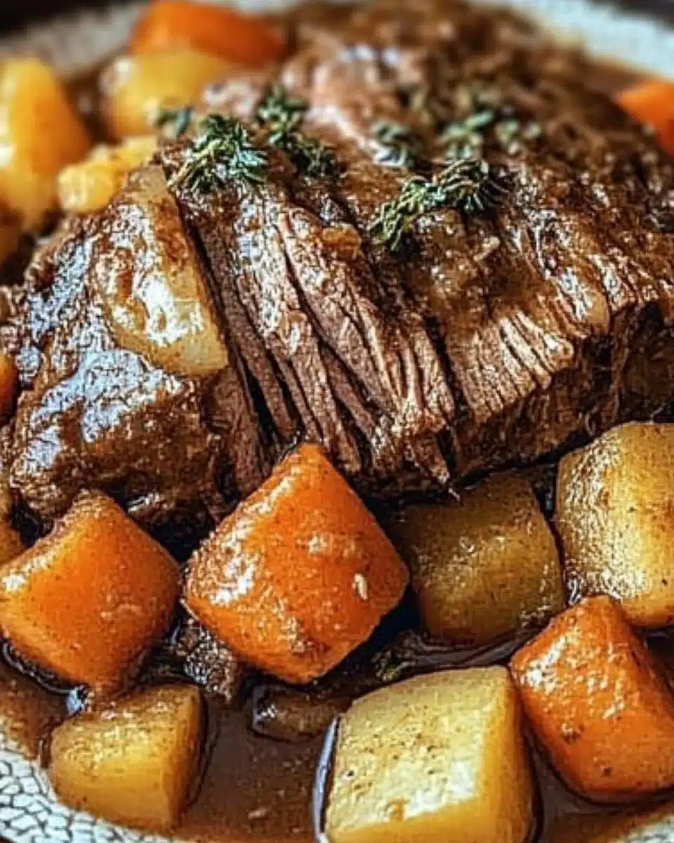 Fall-apart beef roast cooked in a crockpot for a hearty dinner