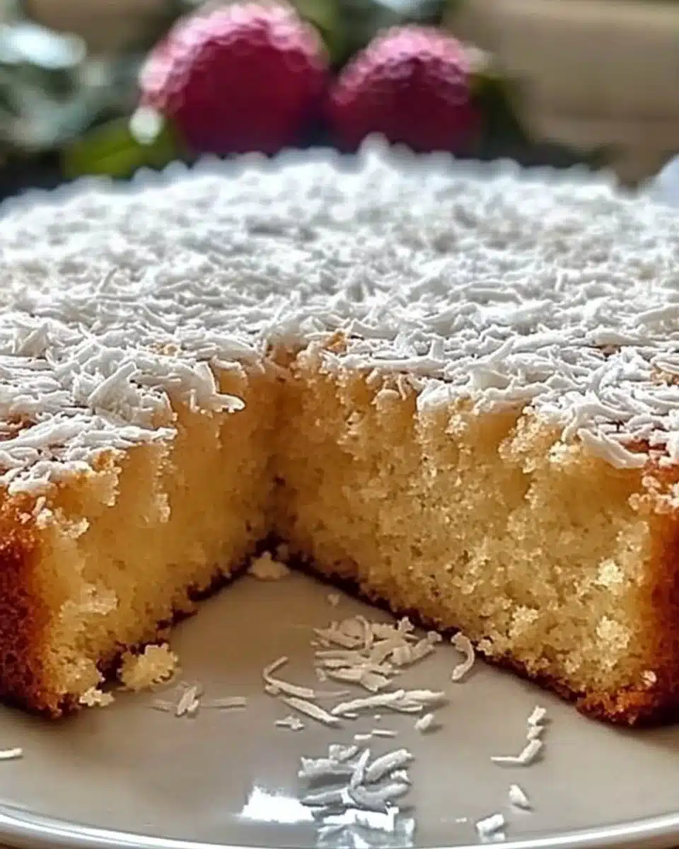 Flourless Coconut Greek Yogurt Cake topped with coconut flakes and berries