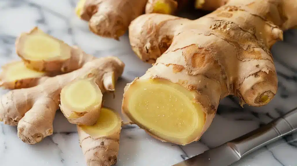 fresh ginger root peeled for spinach pineapple ginger smoothie