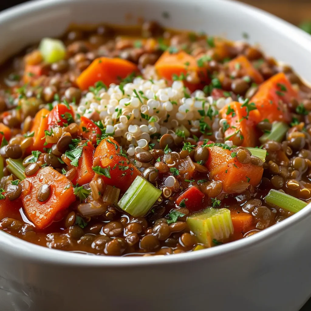 glucose reset ritual recipe lentil vegetable stew
with quinoa in white ceramic bowl