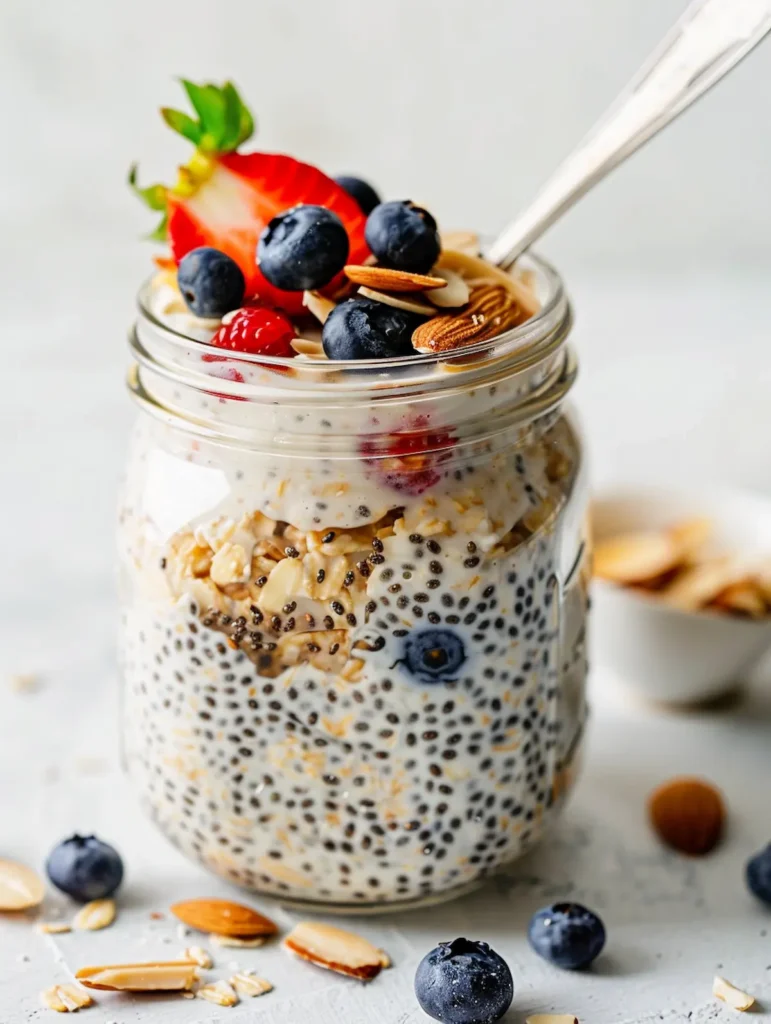 glucose reset ritual recipe overnight oats with chia
seeds berries and almonds in glass jar